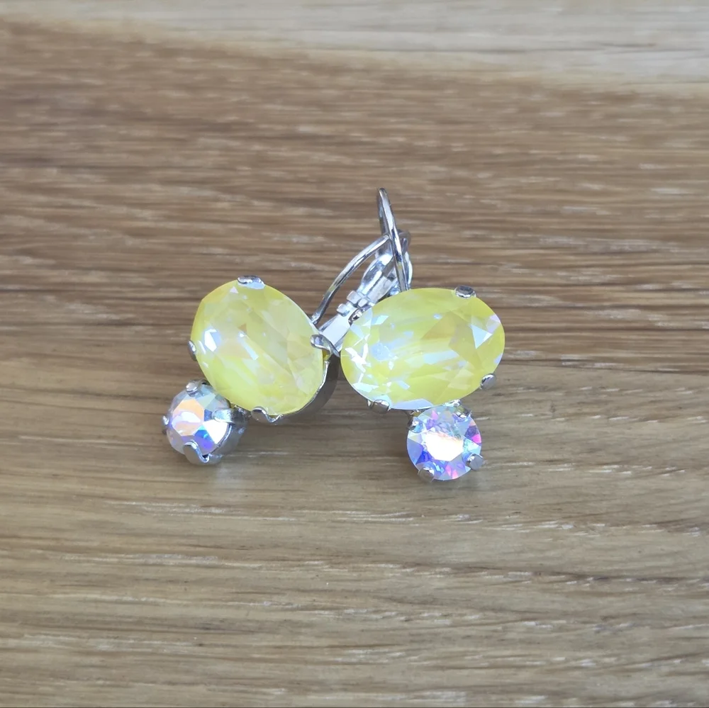 Silver Leverback Earrings with Yellow Sunshine Delite Crystals - Hand Crafted